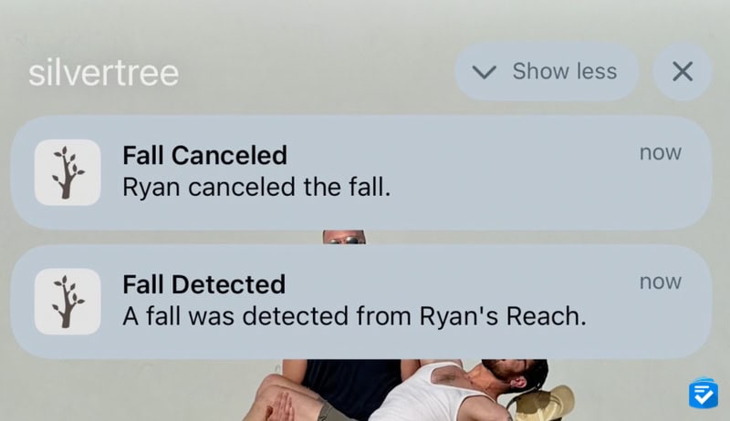 After detecting a fall, the Reach notifies members of the Care Team via smartphone notifications.