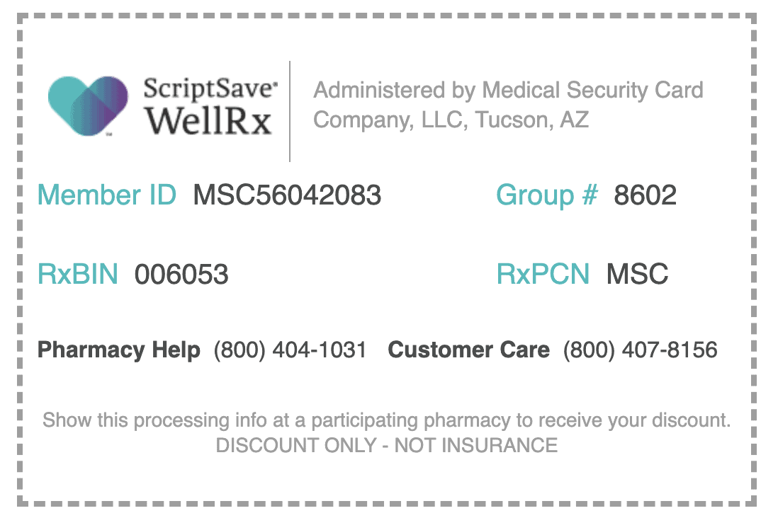 This prescription discount card from WellRx could be printed or presented on a smartphone.