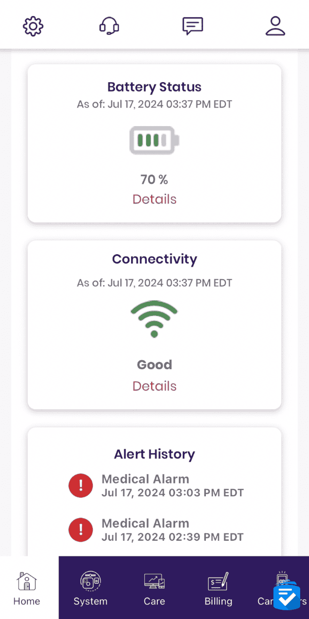 The MyGuardian app allowed loved ones to check the battery status of my device and receive notifications when I placed emergency calls.