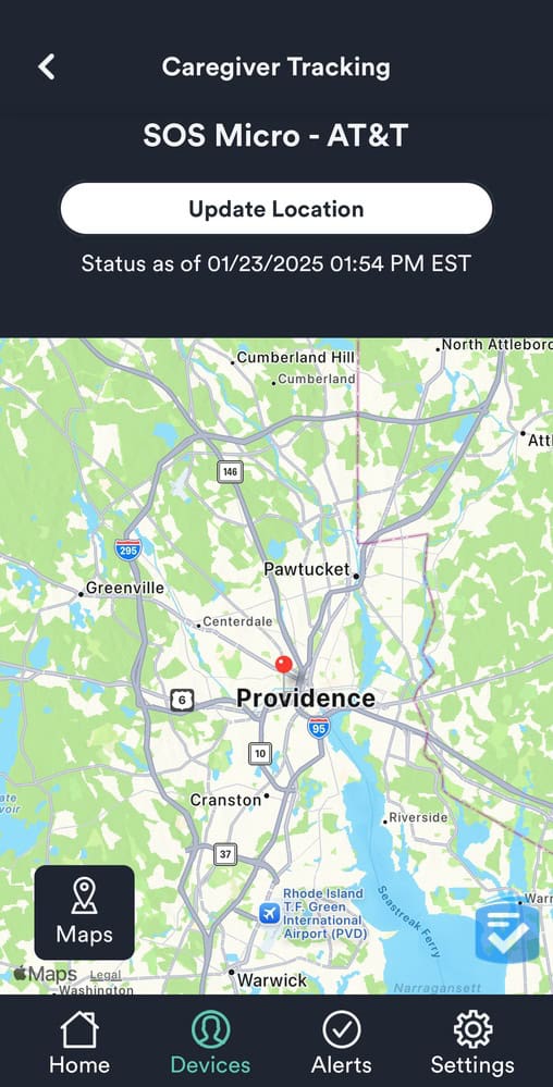 Through the Bay Alarm Medical app, loved one's can track the SOS Micro's live location.