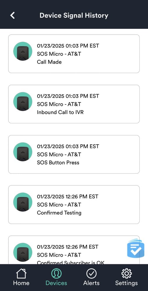 The Bay Alarm Medical app triggered notifications when each test call was placed.